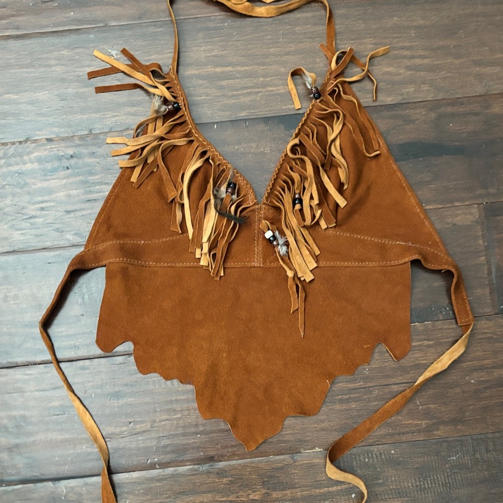 Vintage Genuine Leather Fringed Brown Halter Top